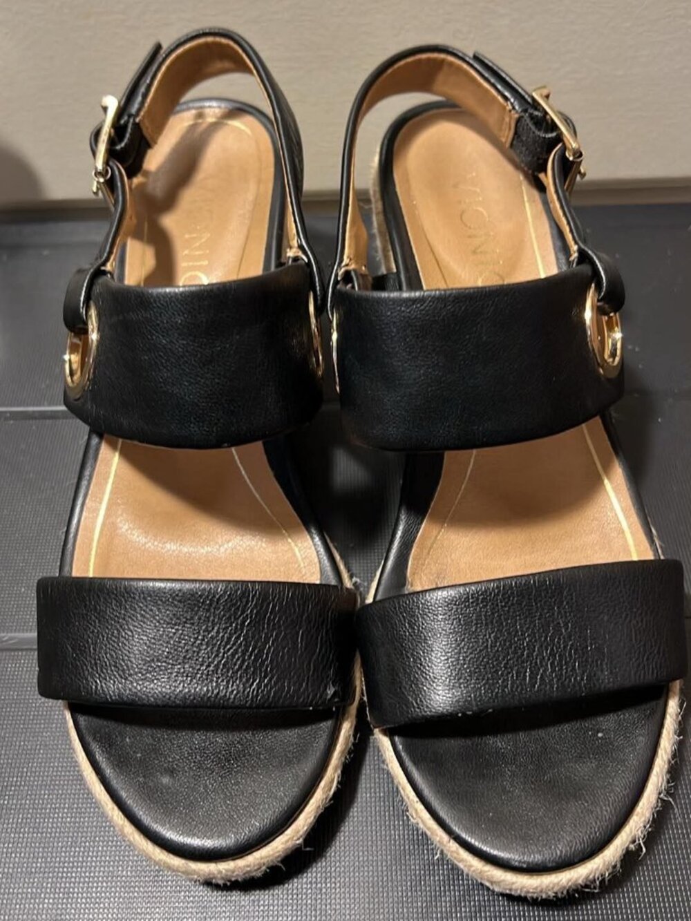 Vionic Black Espadrille Wedge Sandals | Gold Hardware | Arch Support